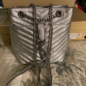 Rebecca Minkoff Edie Bucket Crossbody Metallic Silver Quilted Chain-Accent Bag